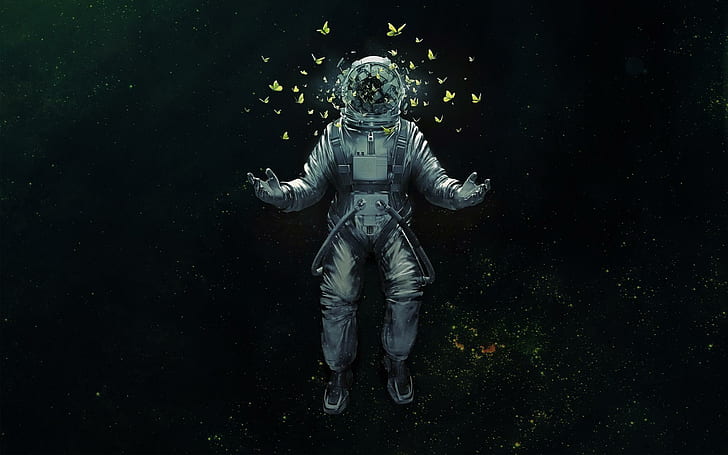 Cosmonauts Butterflies Space Fantasy, szara astronauta z motylami malarstwo, kosmos, fantasy, kosmonauci, motyle, kosmiczna fantazja, Tapety HD