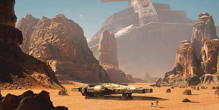 mountains, rocks, desert, robot, star wars, Star Destroyer, spaceship, cruiser, millenium falcon, R2-D2, Millennium Falcon, C-3PO, droids, imperial cruiser, HD wallpaper