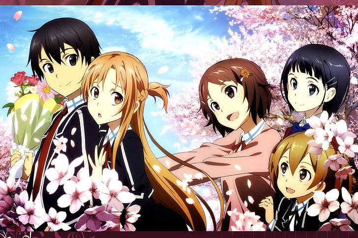 kız ve erkek karakter posteri, Sword Art Online, Asuna Yuuki, Kirito (Sword Art Online), Lisbeth (Sword Art Online), Silika (Sword Art Online), Suguha Kirigaya, HD masaüstü duvar kağıdı