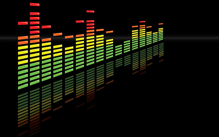 graphique à barres vert, jaune et rouge, spectre audio, minimalisme, art numérique, musique, réflexion, Fond d'écran HD