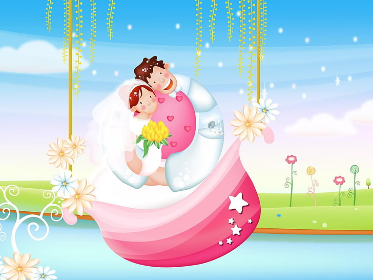 Le Couple Love Boat, illustration de dessin animé de couple nouvellement marié, amour, bateau, couple, Fond d'écran HD