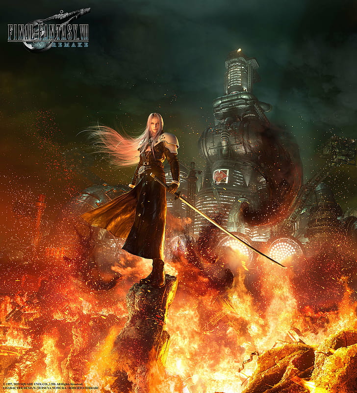 Final Fantasy VII, Videospiele, Midgar, Shinra, Sephiroth, Feuer, Final Fantasy VII: Remake, HD-Hintergrundbild, Handy-Hintergrundbild