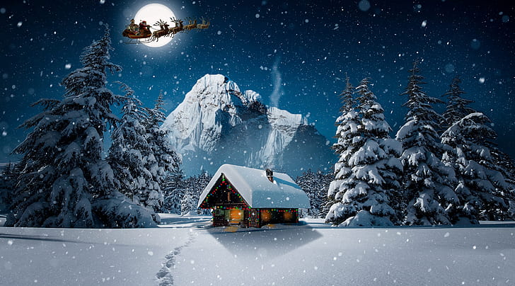 クリスマス冬4 K、休日、クリスマス、風景、冬、夜、デザイン、ファンタジー、ハウス、ホーム、山、サンタ、雪、休日、風光明媚な、足跡、そり、デジタルアート、photomanipulation、トナカイ、snowytrees、christmaseve、santaclaus、 HDデスクトップの壁紙