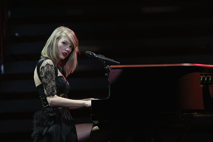 taylor swift, singer, playing piano, blonde, red lipstick, black dress, Girls, HD wallpaper