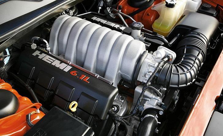 Hemi 6.1Lエンジン、ブラックエンジンベイ、車、車のエンジン、エンジン、Hemi、6.1L、 HDデスクトップの壁紙