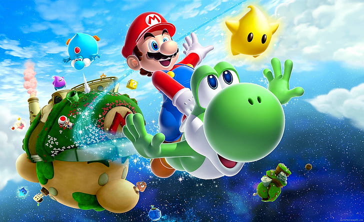 Mario galaxy Yoshi üzerinde uçan, süper matio ve yoshi fotoğraf, yoshi, mario, oyun, sinek, galaksi, HD masaüstü duvar kağıdı