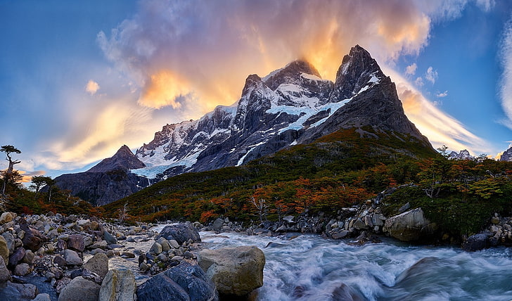 nature, landscape, mountains, river, forest, Torres del Paine, Chile, snowy peak, HD wallpaper
