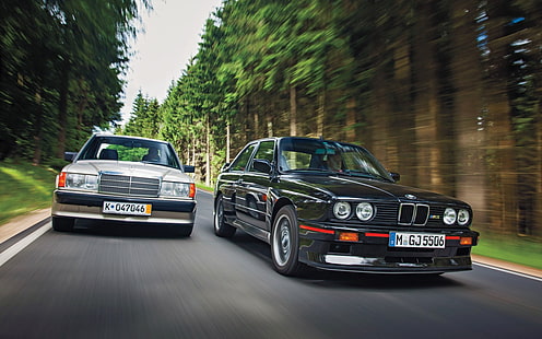 negro BMW E30, BMW E30, automóvil, Mercedes-Benz, 190e, 190E 2.3-16, BMW M3 E30, Fondo de pantalla HD HD wallpaper