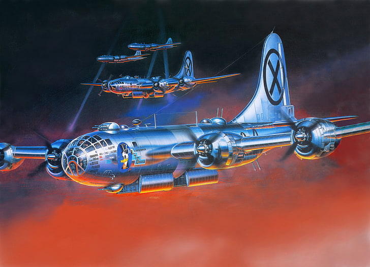 the sky, rays, night, figure, art, glow, Boeing, flight, bombers, aircraft, floodlight, job, WW2, B-29 Superfortress, American, heavy, four-engine, HD wallpaper
