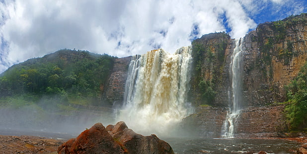 природа, пейзаж, национальный парк канайма, венесуэла, водопад, скалы, река, тропический лес, облака, HD обои HD wallpaper