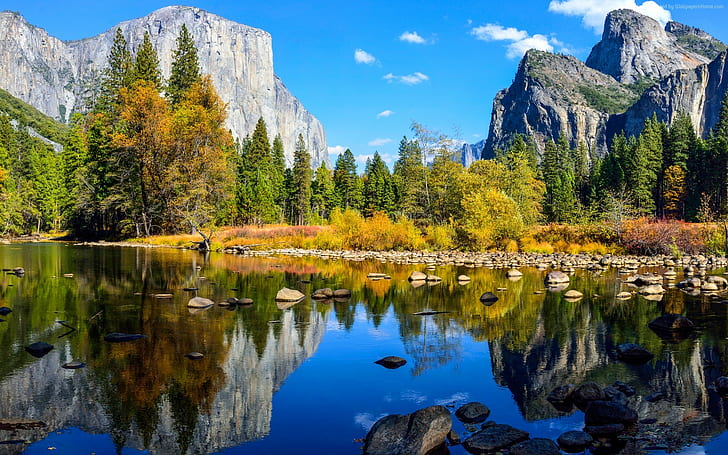 Yosemite Ulusal Parkı, dağlar, su, ağaçlar, doğa, HD masaüstü duvar kağıdı