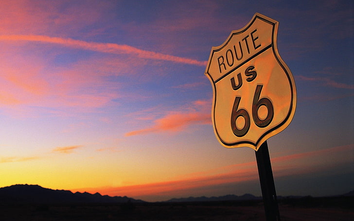 signage neon Miller Lite kuning dan hitam, Route 66, AS, sinyal, matahari terbenam, malam, pemandangan, Wallpaper HD