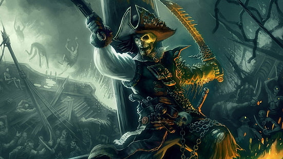 скелет, държащ меч цифров тапет, пирати, кораб, буря, HD тапет HD wallpaper