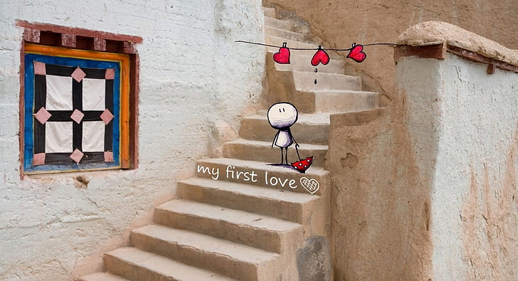 First Love, brown concrete stairs with text overlay, Love, Creative, Design, first love, HD wallpaper