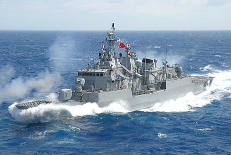 海、船、波、「バルバロス」のフリゲート艦、TCG Salihreis（F-246）、トルコ海軍、 HDデスクトップの壁紙 HD wallpaper