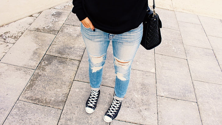 Chia Habte, wanita, kaki, celana jeans robek, Wallpaper HD