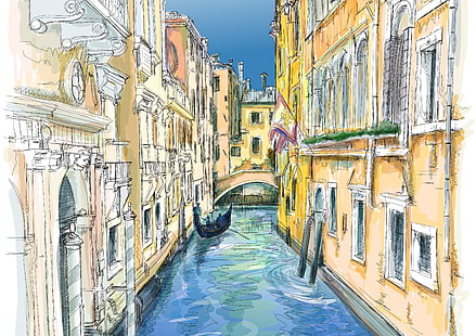 Pittura sul Canal Grande, persone, finestre, casa, Venezia, canale, gondola, Sfondo HD HD wallpaper