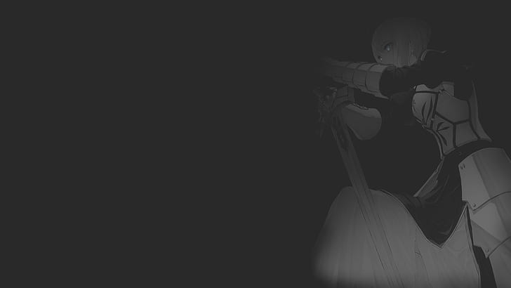 аниме, аниме девушки, иллюстрация, фан-арт, манга, монохромный, минимализм, выборочная раскраска, рыцарь, темный фон, меч, сабля, сабля (Fate / Grand Order), Fate / Stay Night, серия Fate, Artoria Pendragon, HD обои