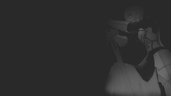 аниме, аниме девушки, иллюстрация, фан-арт, манга, монохромный, минимализм, выборочная раскраска, рыцарь, темный фон, меч, сабля, сабля (Fate / Grand Order), Fate / Stay Night, серия Fate, Artoria Pendragon, HD обои HD wallpaper