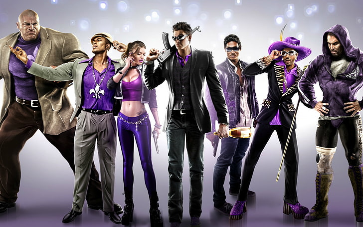 Gangs in Saints Row: le troisième, jeu, Saints Row, le troisième gang, homme, femme, fantaisie, arme à feu, fille, violet, gens, rose, Fond d'écran HD