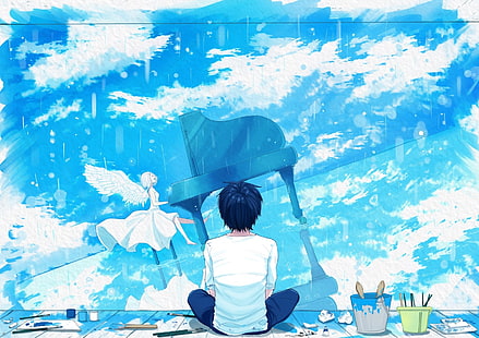 anime menino, menina, anjo, piano, instrumento, cênico, nuvens, vista traseira, anime, HD papel de parede HD wallpaper