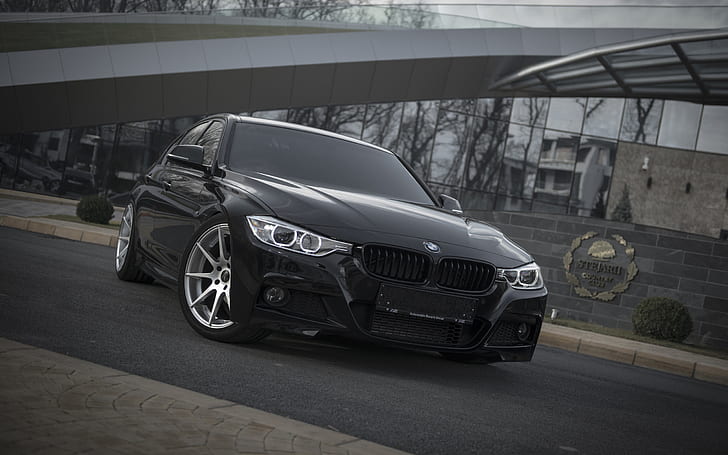 BMW F30 черный автомобиль вид спереди, БМВ, Черный, Автомобиль, Фронт, Вид, HD обои