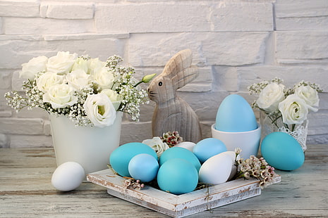 Blumen, Ostern, glücklich, weiße Rosen, Frühling, Eier, Urlaub, Dekoration, die bemalten Eier, HD-Hintergrundbild HD wallpaper