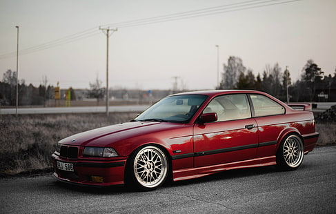 röd coupe, Road, Red, BMW, oldschool, 3 series, E36, Stance, HD tapet HD wallpaper