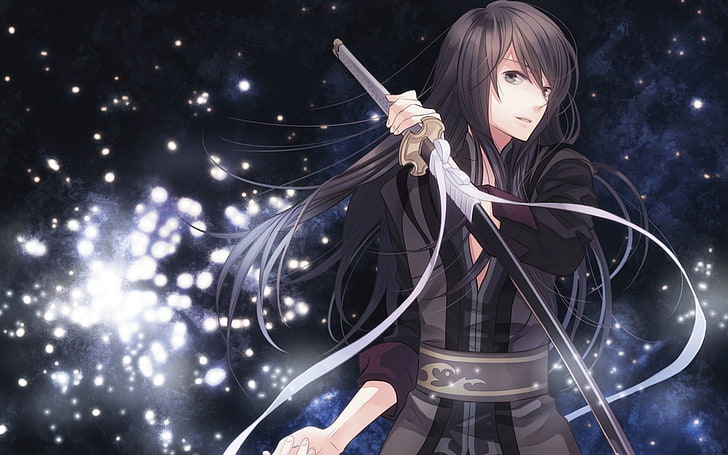 illustration de caractère anime femelle aux cheveux noirs, garçon, kimono, épée, une étoile, espace, Fond d'écran HD