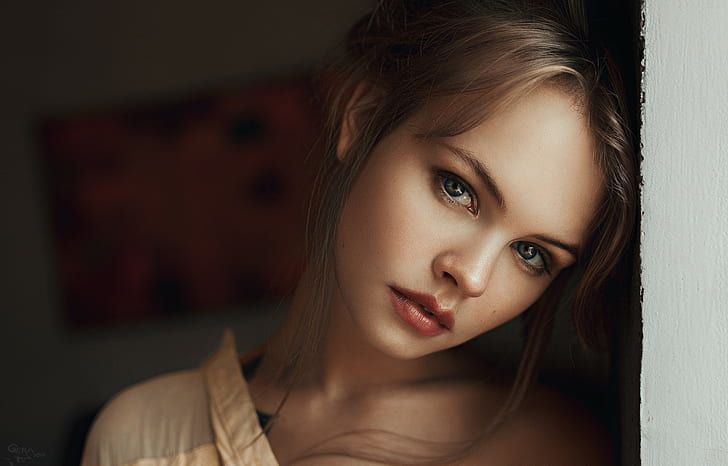 Anastasia Scheglova, niebieskie oczy, włosy, kasztanowe włosy, twarz, kobiety, Georgy Chernyadyev, Tapety HD