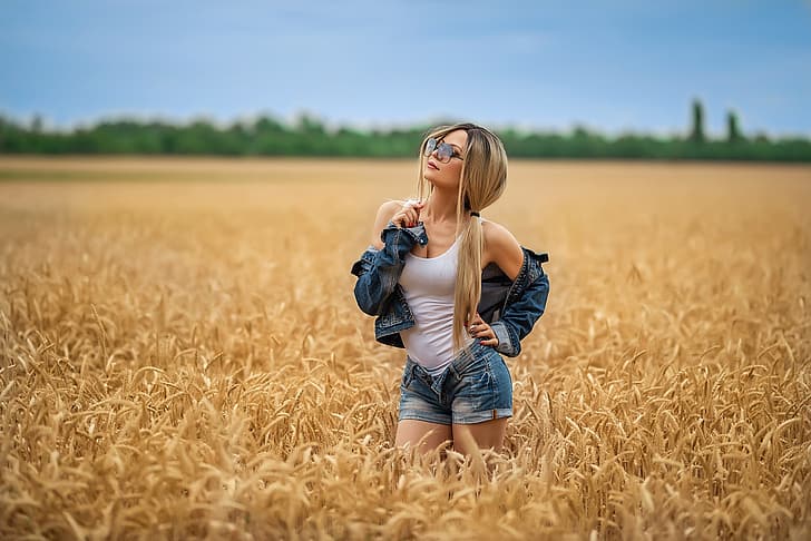 girl, cleavage, shorts, photo, photographer, model, blonde, white top, sunglasses, portrait, jacket, pigtails, tank top, depth of field, bare shoulders, jean shorts, jean jacket, Georgy Dyakov, HD wallpaper