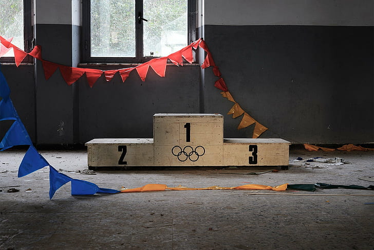 abandoned interiors podiums olympics flag window walls stages on the floor, HD wallpaper