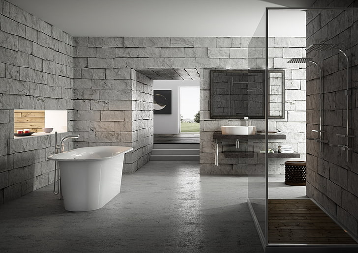 white bathtub, design, grey, interior, brick, bath, bathroom, HD wallpaper