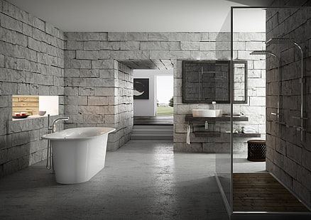 vasca da bagno bianca, design, grigio, interno, mattone, bagno, stanza da bagno, Sfondo HD HD wallpaper