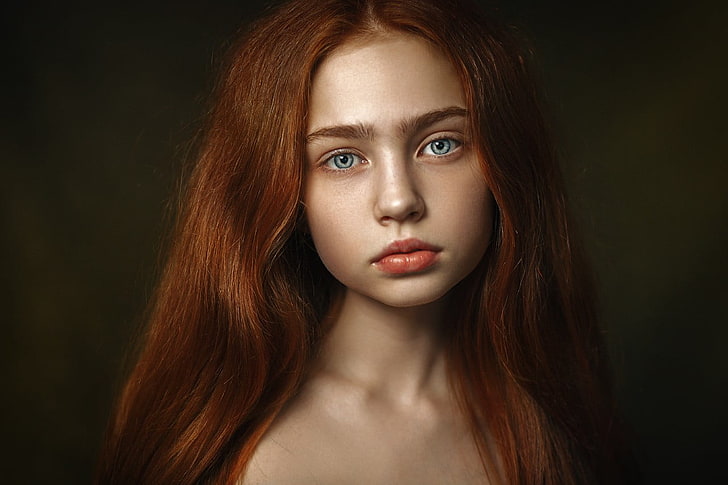 wanita, berambut merah, wajah, potret, latar belakang sederhana, Wallpaper HD
