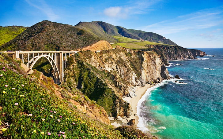 pemandangan, alam, jembatan, pantai, Jembatan Bixby Creek, California, AS, Wallpaper HD