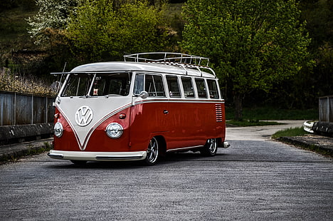 biało-czerwony Volkswagen van, volkswagen t1, bus, minivan, czerwony, Tapety HD HD wallpaper