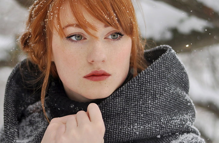 snow, women, grey coat, looking away, Alina Kovalenko, braids, women outdoors, redhead, coats, HD wallpaper