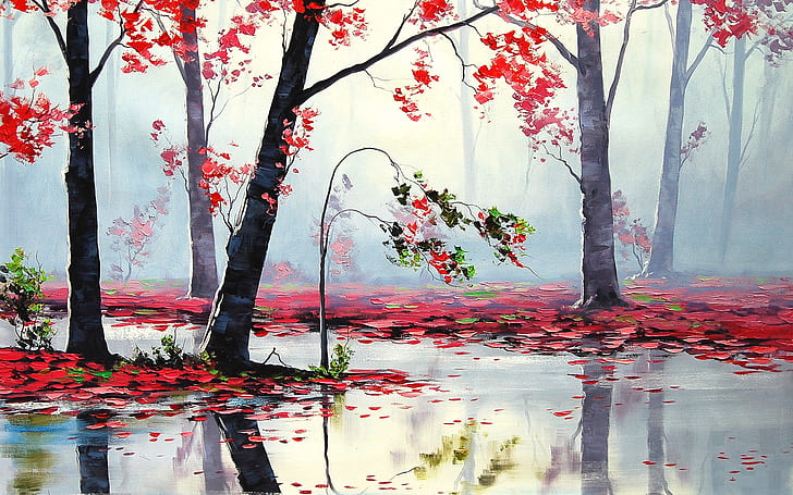 1920x1200 px artistic autumn Fall forest landscapes leaves nature paintings rain reflection seasons Sports Baseball HD Art , nature, autumn, leaves, Trees, fall, forest, REFLECTION, Landscapes, rain, artistic, wet, seasons, paintings, 1920x1200 px, HD wallpaper