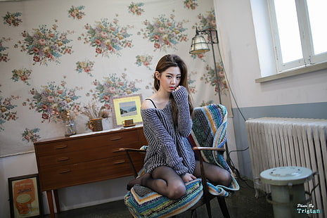Chae Eun, Korean, Asian, women, brunette, bare shoulders, stockings, women indoors, HD wallpaper HD wallpaper