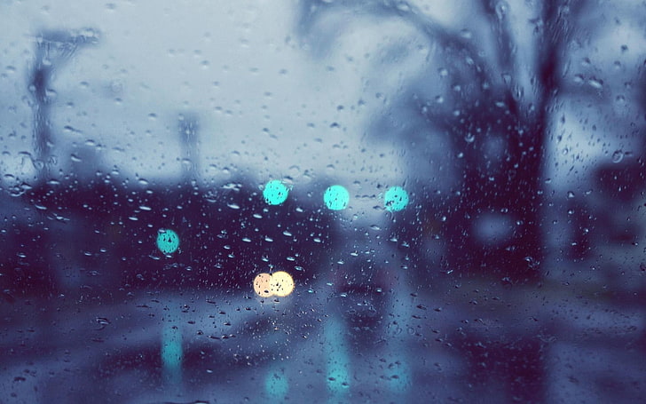 светлый боке, городской, боке, вода на стекле, дождь, HD обои