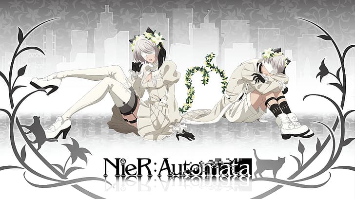 ニーア オートマタ、2B (ニーア オートマタ)、9S (ニーア オートマタ)、アニメの少年、アニメの女の子、銀髪、花、笑顔、白いドレス、 HDデスクトップの壁紙