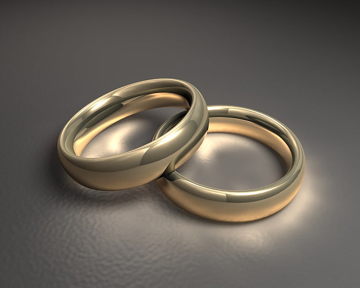 gold-colored wedding band, ring, pair, gold, wedding, HD wallpaper
