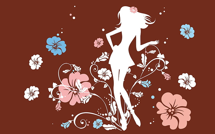 woman with flower background illustration, girl, flowers, silhouette, grace, HD wallpaper