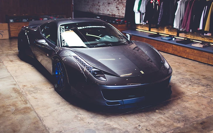 черно-синяя машина, суперкар, Ferrari 458, HD обои