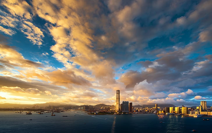 Hongkong, kväll, solnedgång, himmel, moln, byggnader, skyskrapor, viken, hamn, metropol, HD tapet