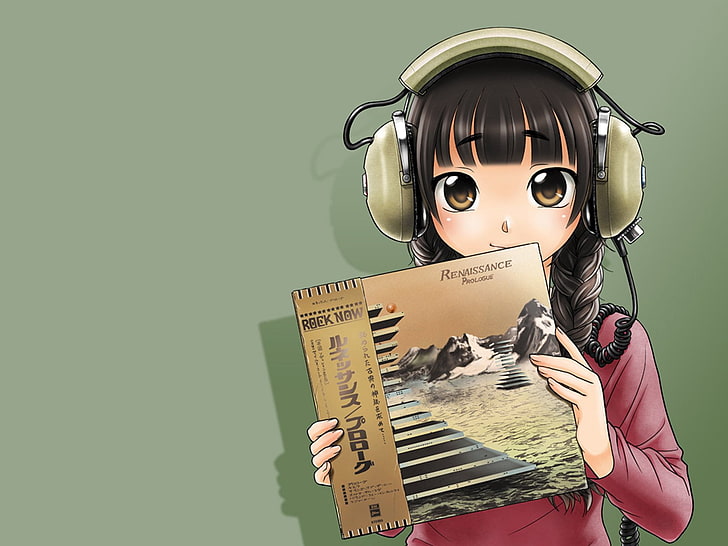 black-haired female anime wallpaper, girl, brunette, cute, earphones, smil, plate, braid, HD wallpaper