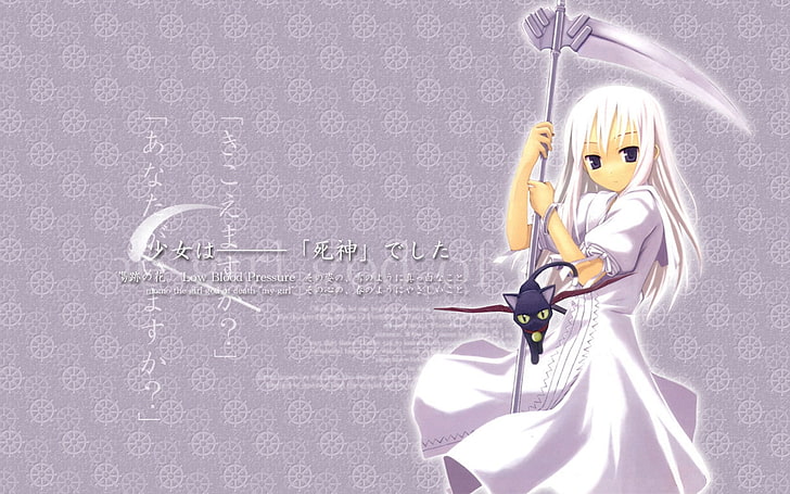 female animated character holding scythe graphic wallpaper, shinigami no ballad, momo, girl, blond, cat, spit, HD wallpaper