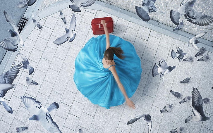 женщины, голубое платье, птицы, чемодан, HD обои