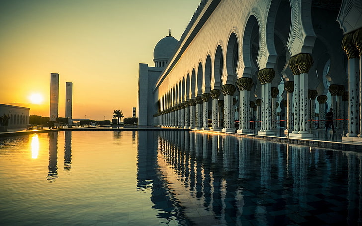 Taj Mahal, Inde, Dubaï, eau, magnifique, coucher de soleil, Fond d'écran HD